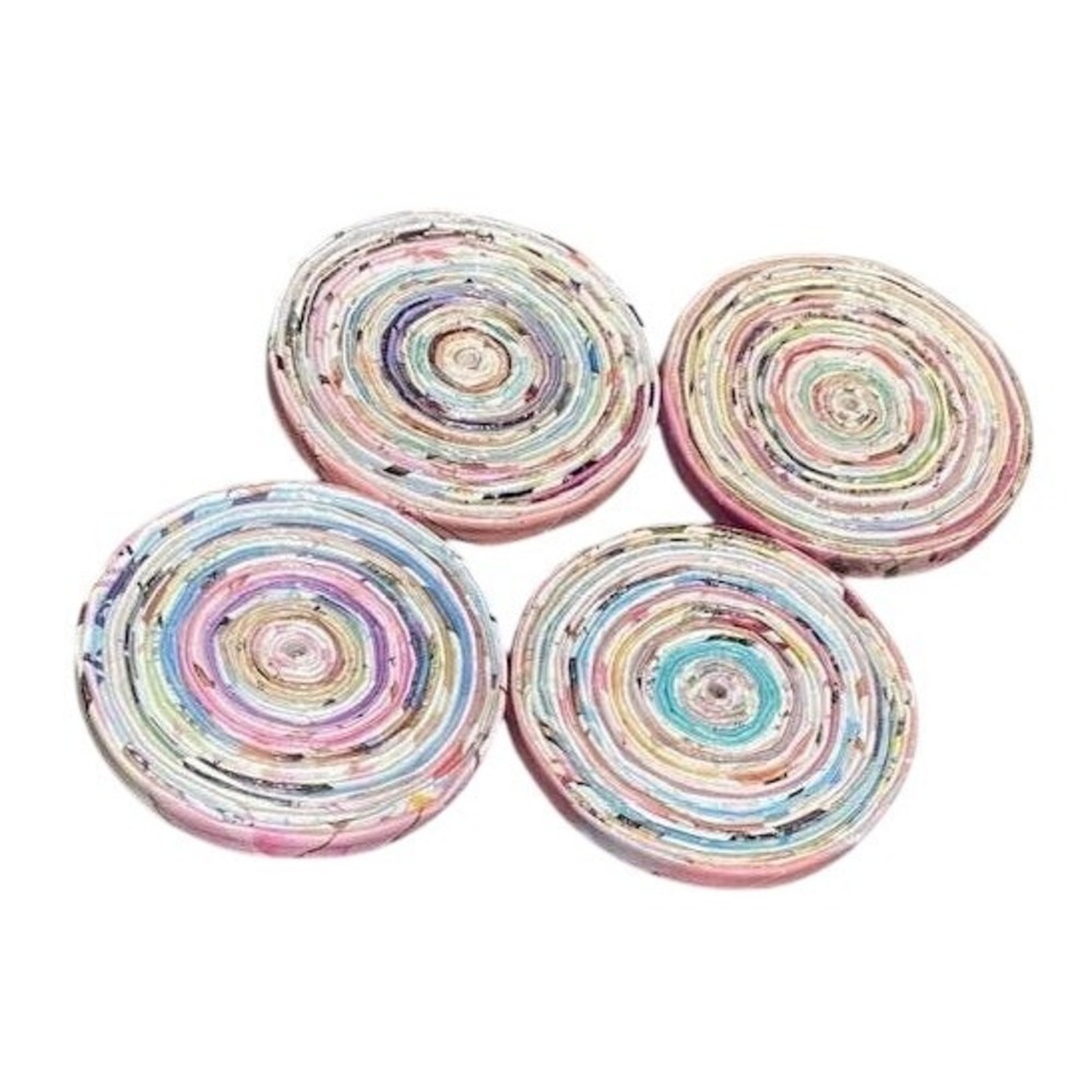 Recycled Magazine 4" Round Coasters Pink Set 4 Handmade Indie‎ New Eco Friendly